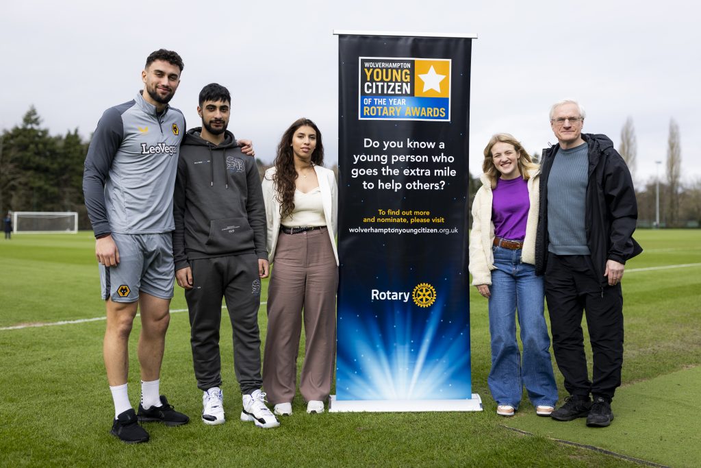 Photo of Max Kilman (Wolves captain) Luis Enache (2023 finalist), Imane Sbihi (2023 joint winner) Eva Abley (2023 joint winner) Mel Eves (awards vice Chairman) at the launch of Wolverhampton Young Citizen 2024